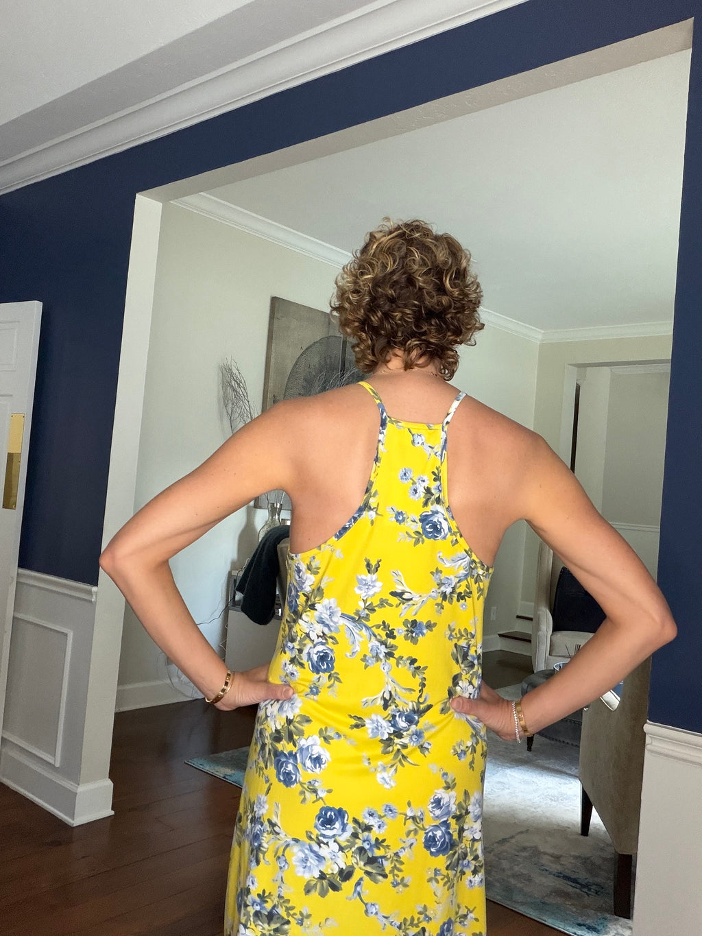 French Gray Yellow Floral Halter Dress Size Small