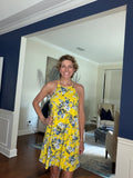 French Gray Yellow Floral Halter Dress Size Small