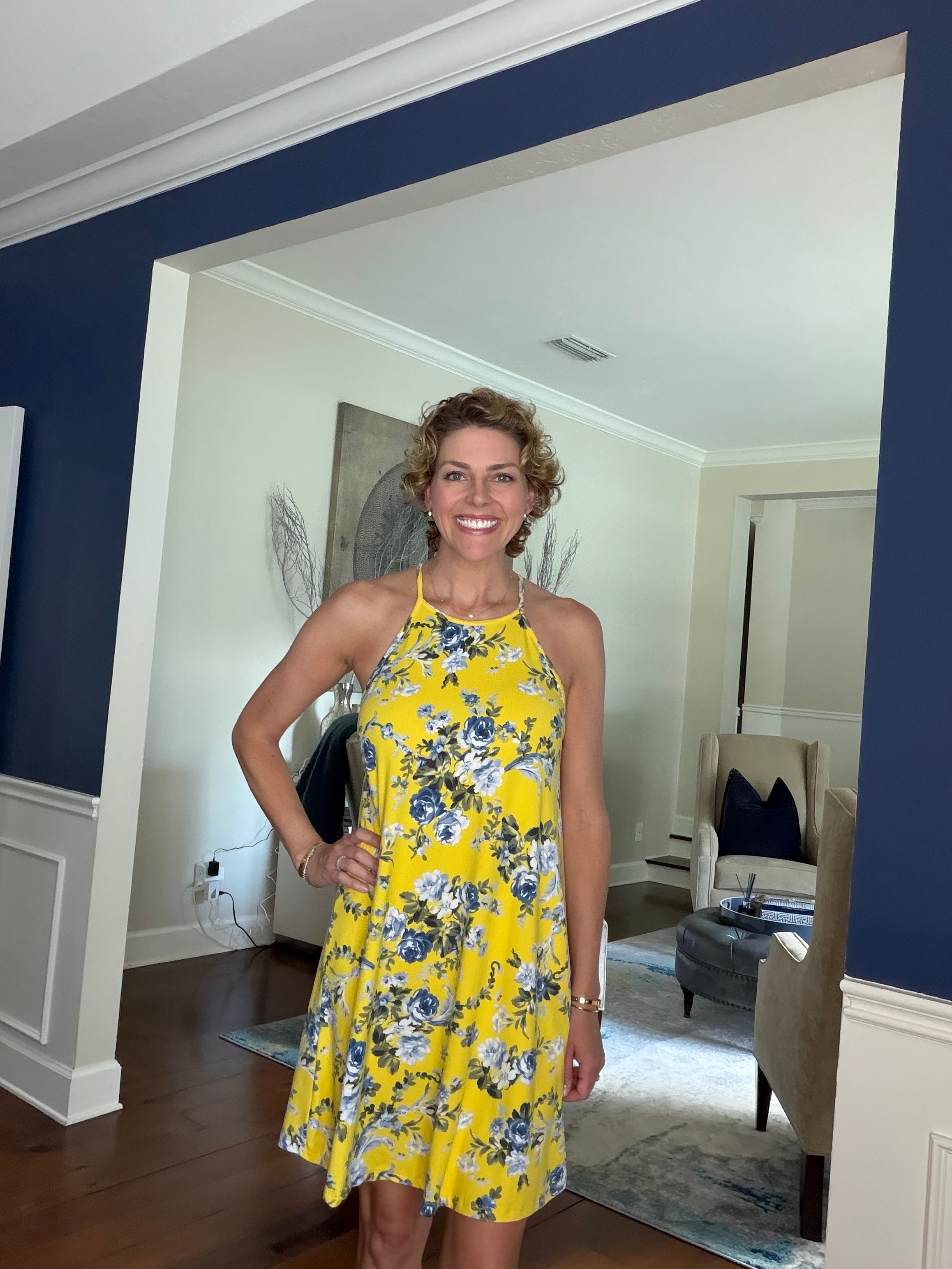 French Gray Yellow Floral Halter Dress Size Small