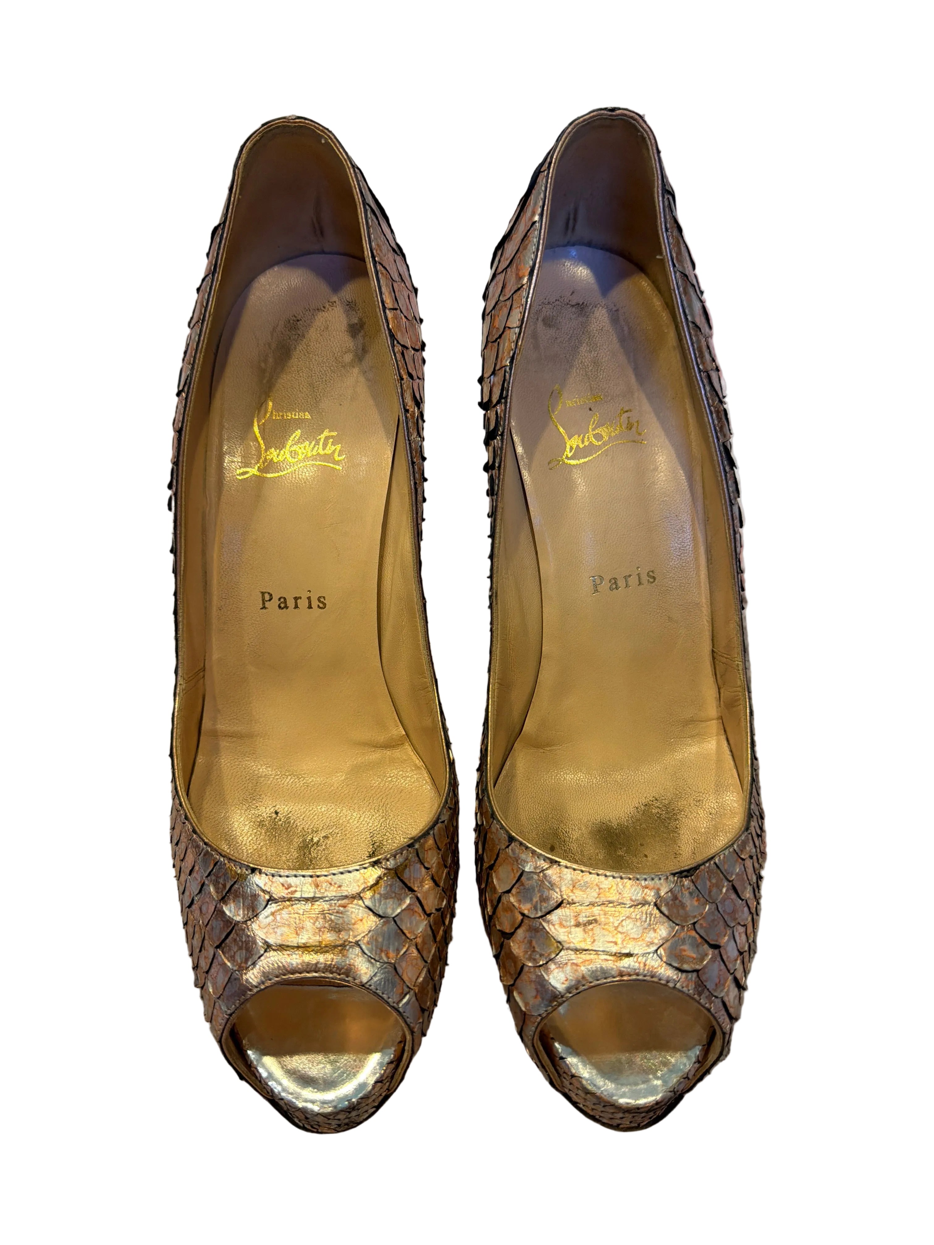 Christian Louboutin Metallic Python Peeptoe Pumps - size 40.5