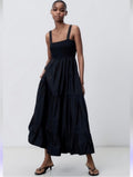 Zara Black Poplin Tiered Midi Dress - Size Medium