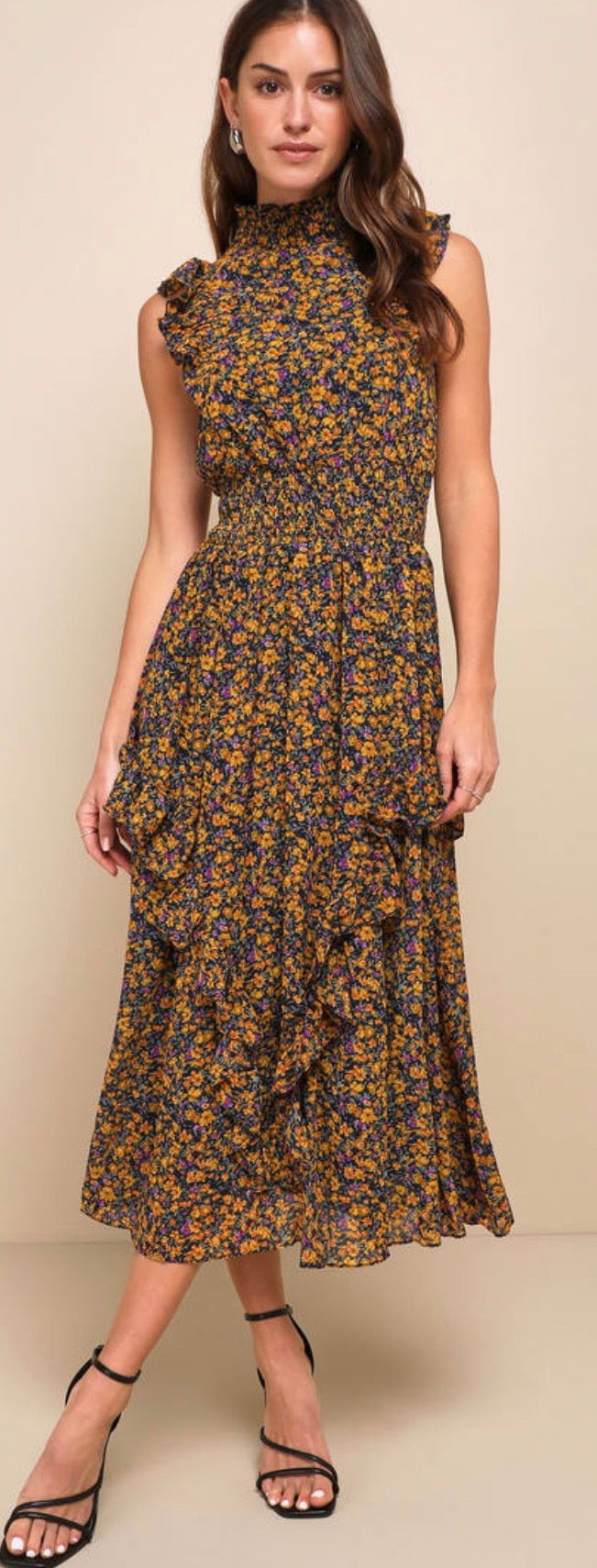 Lulu's Evalina Mustard Yellow Floral Print Mock Neck Midi Dress NWT - size XS (REED Charitable Foundation)