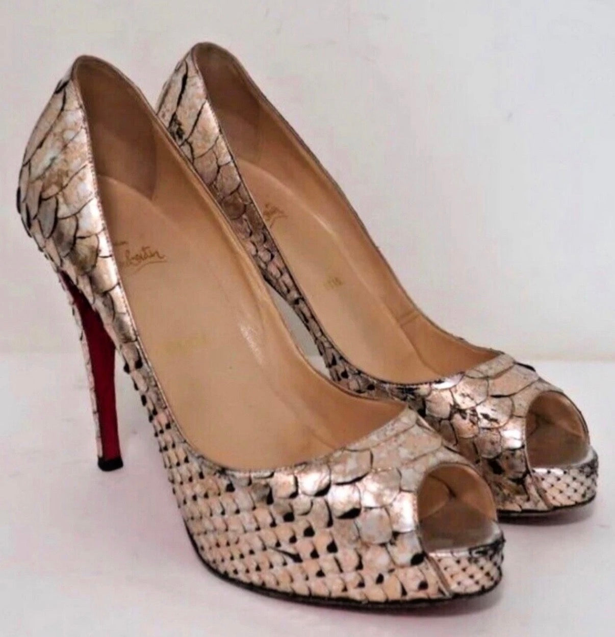 Christian Louboutin Metallic Python Peeptoe Pumps - size 40.5
