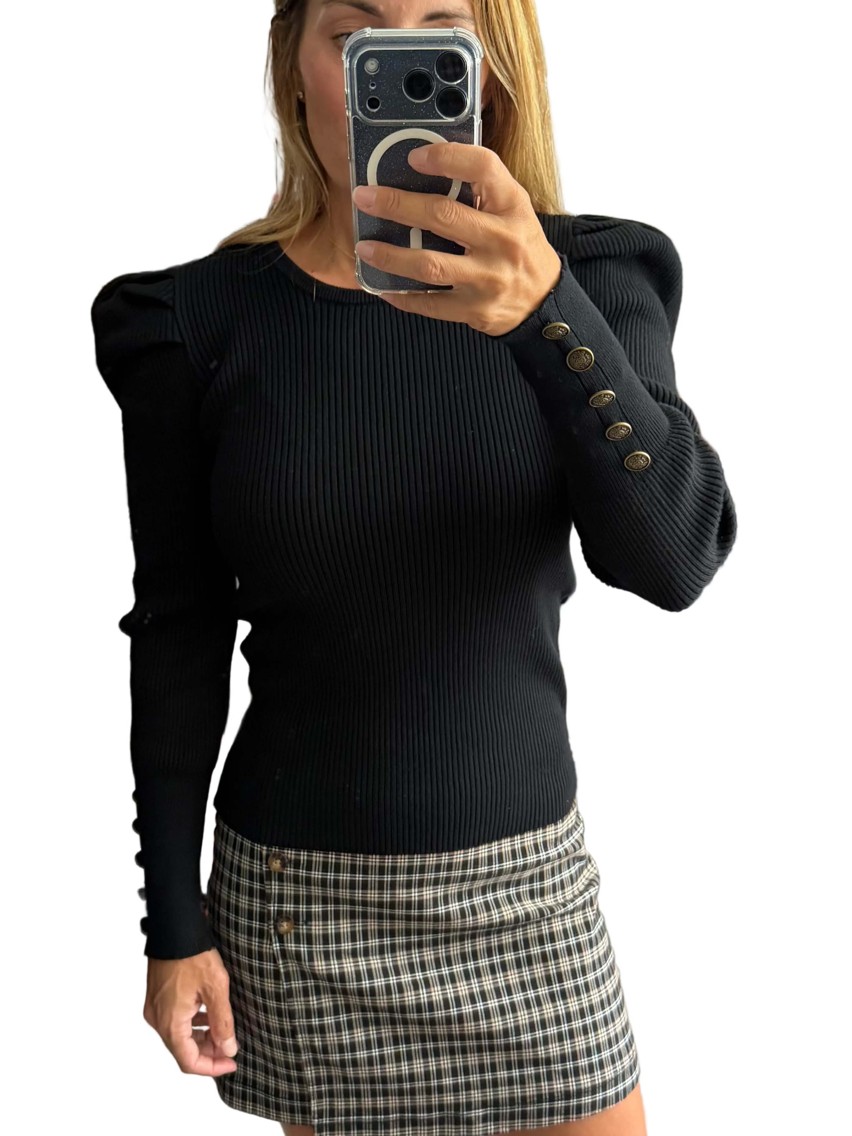 Aqua Black Sweater with puff-sleeved Size Medium