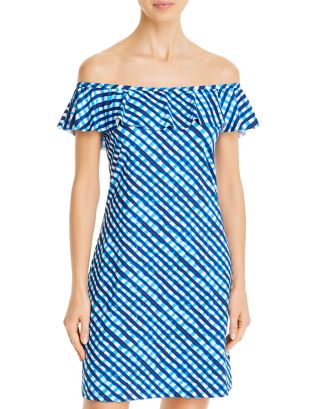 Tommy Bahamas Gingham Ruffled Off-The-Shoulder Cover-Up Dress Size Medium