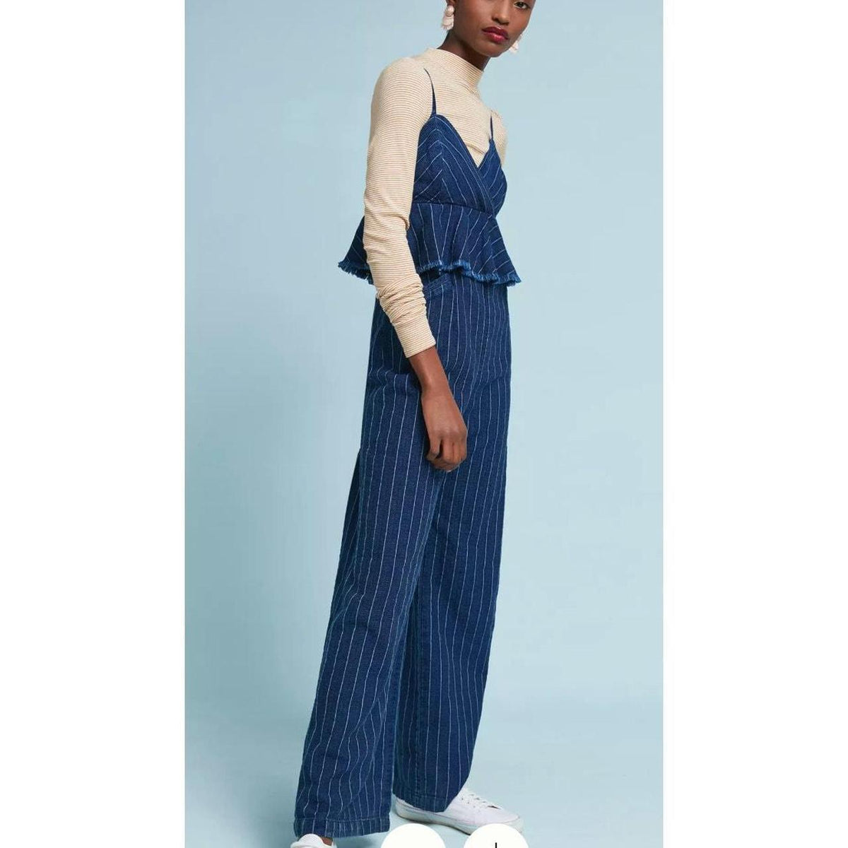 Anthropologie Striped Denim Jumpsuit Peplum Ruffle Womens Size Medium