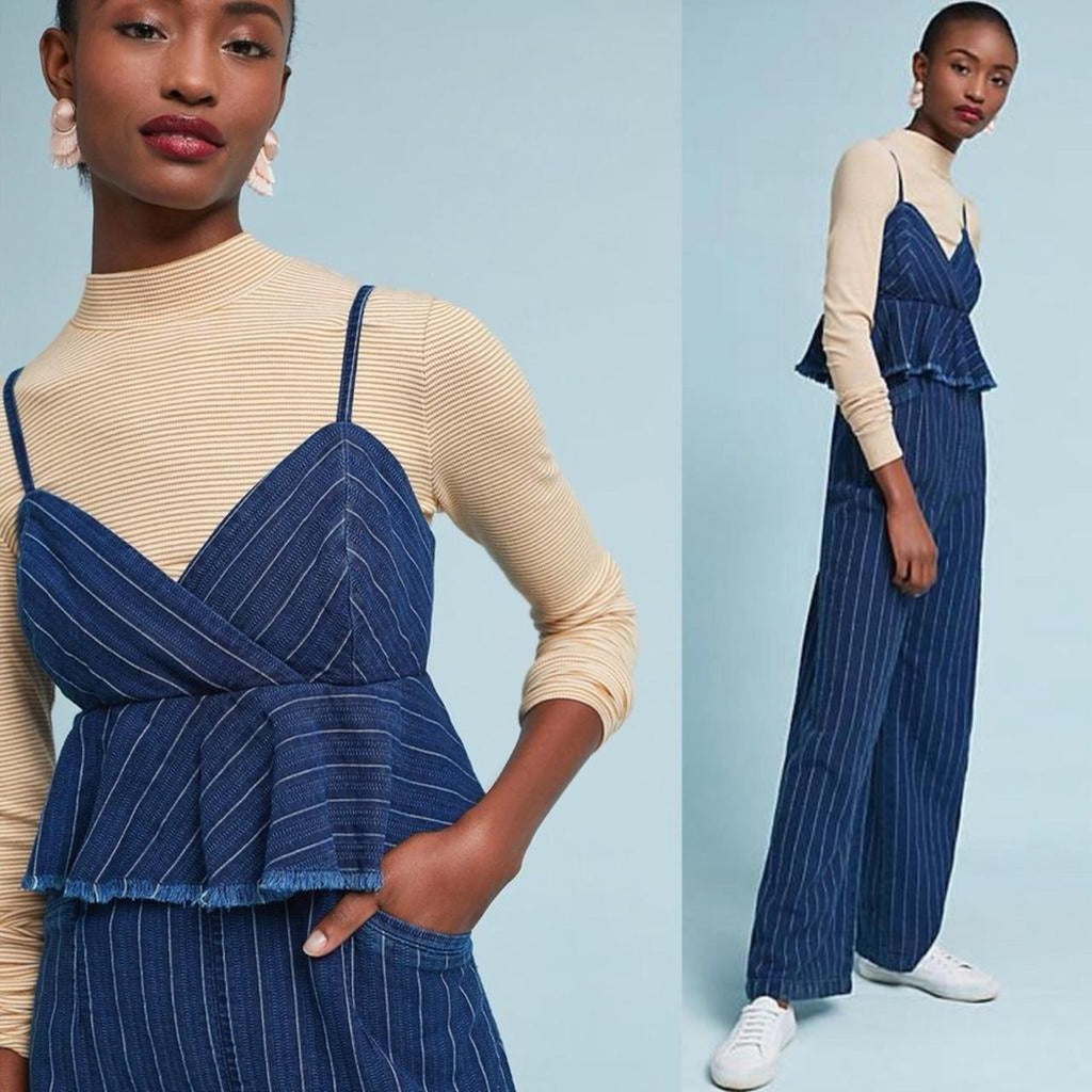 Anthropologie Striped Denim Jumpsuit Peplum Ruffle Womens Size Medium