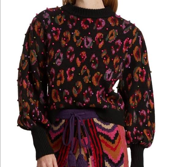 Farm Rio Black Ikat-Dyed Leopard Ball Sweater - Size Medium