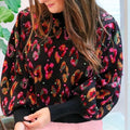 Farm Rio Black Ikat-Dyed Leopard Ball Sweater - Size Medium