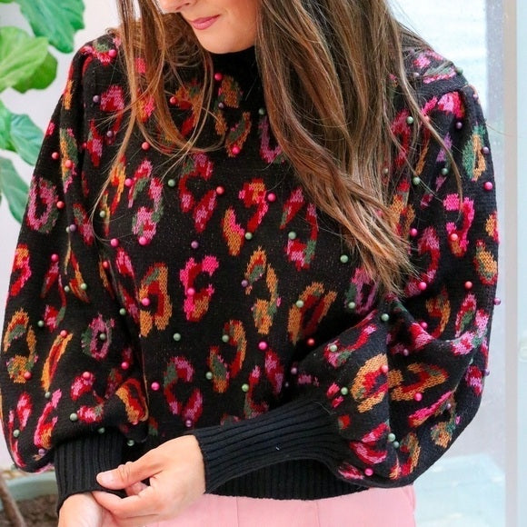 Farm Rio Black Ikat-Dyed Leopard Ball Sweater - Size Medium